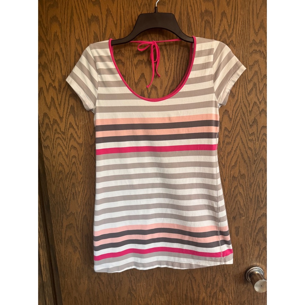 Lole Stripe Short Sleeve Scoop Neck Tie Back Top Pink‎ Grey Organic Cotton